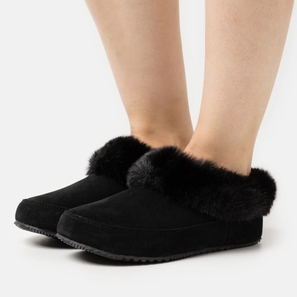 Sorel Go Coffee Run Slippers Black Suede Leather Fur Slip On Shoes NWT - Picture 4 of 16